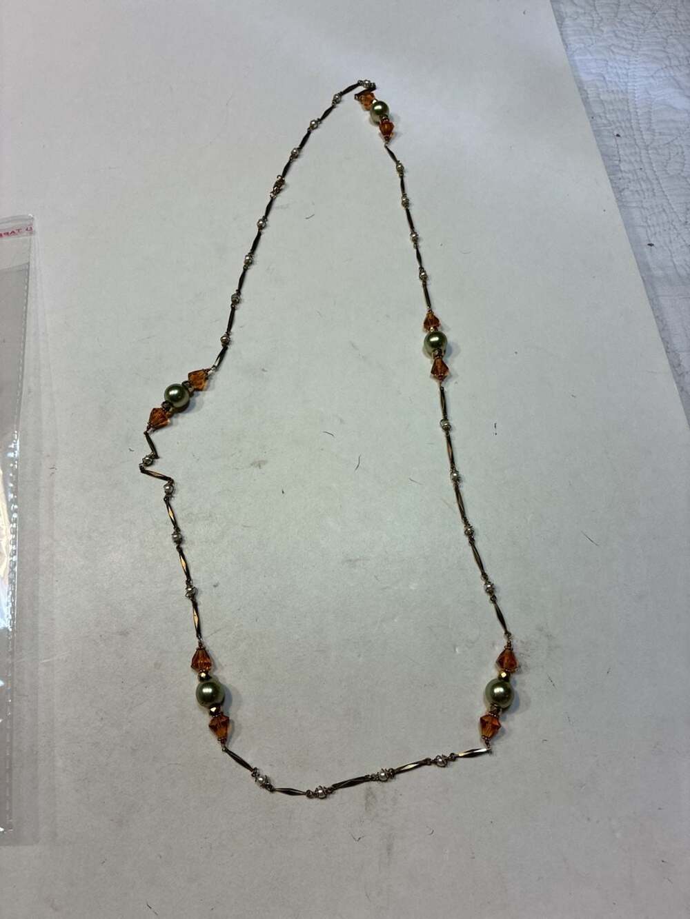 Vintage Beaded Necklace Green Orange Crystals Bronze Metal Length 18
